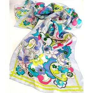 VTG Liz Claiborne Scarf Rectangular Silver,Lime,Green,Pnk, Paisley Floral Marked